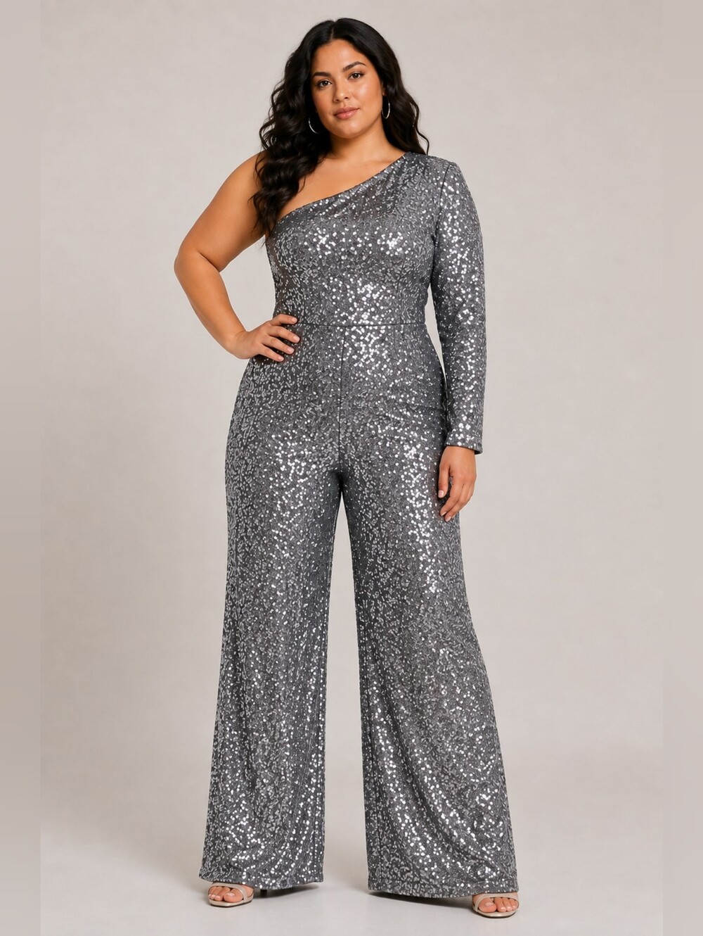 PrettyLittleThing Silver Sequin One Shoulder Wide Leg Jumpsuit | Party Glam - Picture 1 of 2